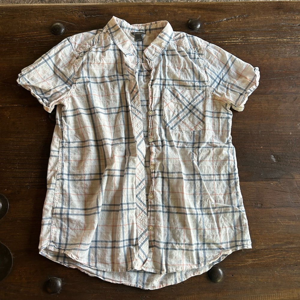 Eddie Bauer White Plaid Short Sleeve Button-Down Shirt
